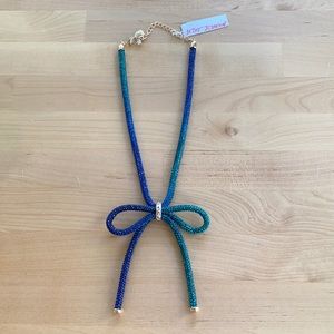 Betsey Johnson mesh bow necklace. NWT. Blue/Green. Rhinestones.
